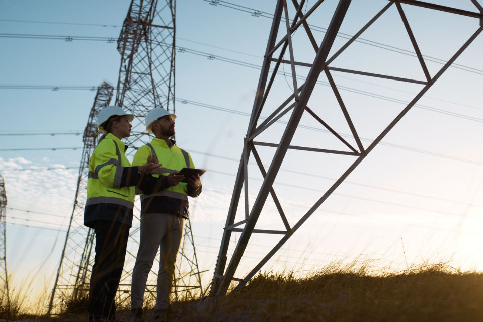 Two Colleagues Overhead Lines Clear Sky.Split Block 960X640